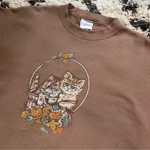 Vintage 80s/90s Cat Sweatshirt, Large, brown/mauve. Grandma Style retro.